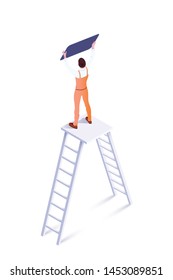 Handyman, workman isometric vector illustration. Mechanic, repairman in overalls cartoon character. Professional maintenance service employee standing on ladder. Technician, electrician occupation