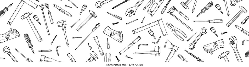 Handyman's tool. Outline hand drawing. Isolated vector objects on a white background. A sketch with a felt-tip pen, ink on paper. The tools are universal. Sketch.