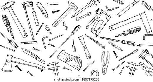 Handyman's tool. Outline hand drawing. Isolated vector objects on a white background. A sketch with a felt-tip pen, ink on paper. The tools are universal. Sketch.