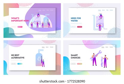 Handymen Characters Install Smart Heater Landing Page Template Set. Husband for an Hour, Repair Service, Fixing Broken Technics. Electrician Call Master at Work. Cartoon People Vector Illustration