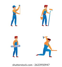 Handymen icons set cartoon vector. Team of worker with tool and equipment. Repair and construction service