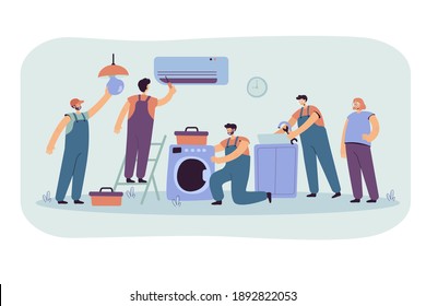 Handymen repairing clients home appliance. Service man end electrician fixing washing machine, air conditioner, plumbing equipment. Vector illustration for domestic work, maintenance concept