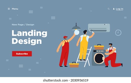 Handymen repairing clients home appliance. Service man end electrician fixing washing machine, air conditioner, plumbing equipment. Vector illustration for domestic work, maintenance concept