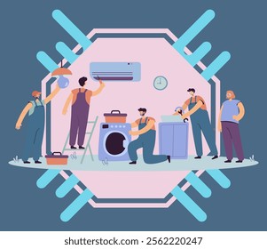 Handymen repairing clients home appliance. Service man end electrician fixing washing machine, air conditioner, plumbing equipment. Vector illustration for domestic work, maintenance concept