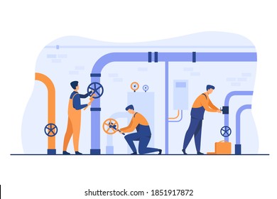 Handymen working in team and fixing leakage in boiler room flat vector illustration. Cartoon plumbers repairing pipes with tools. Flight crew and aircraft concept