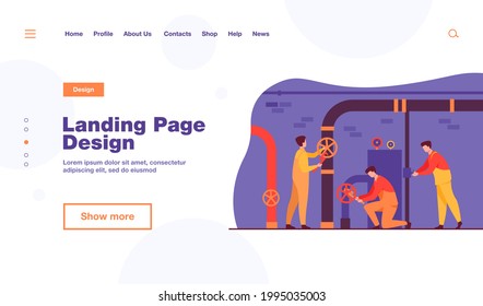 Handymen working in team and fixing leakage in boiler room flat vector illustration. Cartoon plumbers repairing pipes with tools. Flight crew and aircraft concept