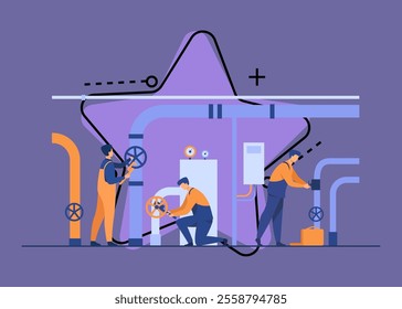 Handymen working in team and fixing leakage in boiler room flat vector illustration. Cartoon plumbers repairing pipes with tools. Flight crew and aircraft concept