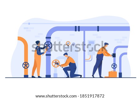Handymen working in team and fixing leakage in boiler room flat vector illustration. Cartoon plumbers repairing pipes with tools. Flight crew and aircraft concept