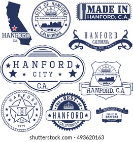 Hanford city, California. Set of generic stamps and signs including Hanford city seal elements and location on California state map.