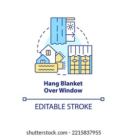 Hang blanket over window concept icon. Reduce house heat loss. Draught proofing abstract idea thin line illustration. Isolated outline drawing. Editable stroke. Arial, Myriad Pro-Bold fonts used