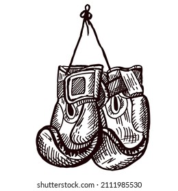 Hang Boxing gloves sketch isolated. Sporting equipment for boxing in hand drawn style. Engraved design for poster, print, book illustration, logo, icon, tattoo. Vintage vector illustration.