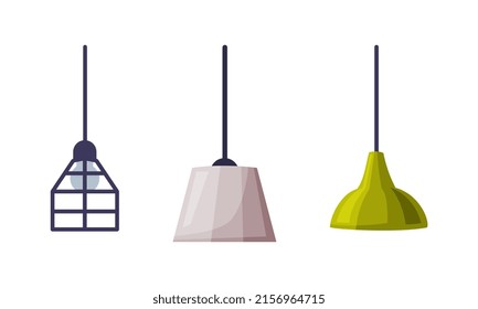 Hang ceiling lamps set, cozy room interior element vector illustration