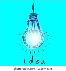 Hang the concept of a doodle light bulb idea on a blue background. blurt out bright - Vector