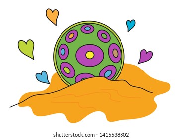 Hang drum, nangpang and multi-colored hearts. Musical instrument on the sand. Vector illustration.