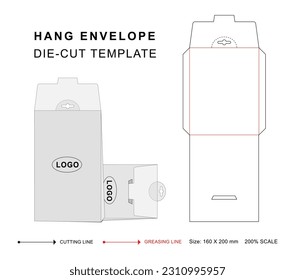 Hang envelope die cut template, White envelope keyline, Envelope die cut mock up