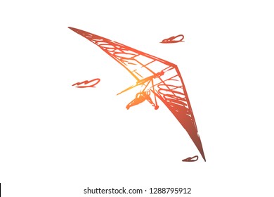 Hang glider, extreme, sky, sport, fly concept. Hand drawn man flying with hang glider concept sketch. Isolated vector illustration.