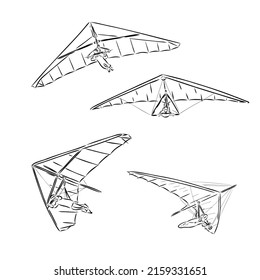 Hang glider, extreme, sky, sport, fly concept. Hand drawn man flying with hang glider concept sketch. Isolated vector illustration.