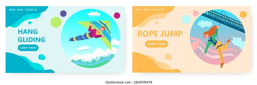 Hang glider fly in the sky. Woman bungee jump from a bridge. Extreme sport vector concept illustration. Delta gliding, bungy jumping, risk. Web site design template