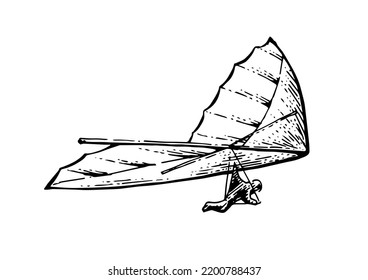 Hang glider flying. Bottom view from afar. Hand drawn outline sketch. Isolated on white background. Vector.