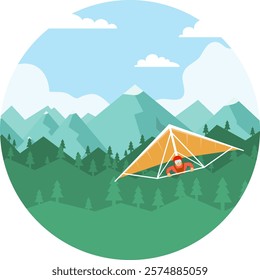 Hang glider flying on a hang glider against the backdrop of a mountain landscape. Hang glider icon. Vector, designer illustration. Vector.