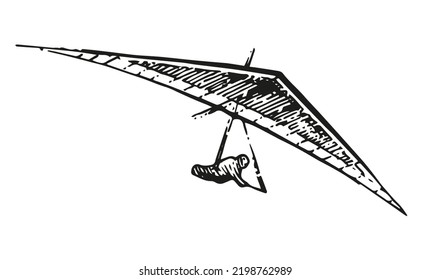 Hang glider flying. Pilot in helmet. Bottom view from afar. Hand drawn outline sketch. Isolated on white background. Vector