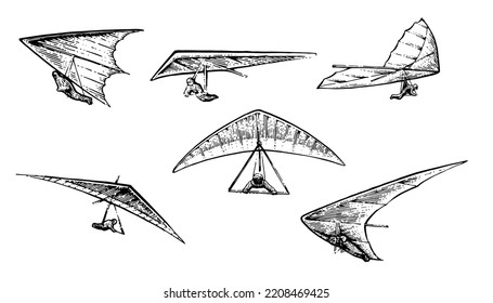 Hang glider flying. Set of objects. Hand drawn outline sketch. Isolated on white background. Vector