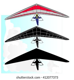 Hang Glider flying in the sky on a bright blue day. Vector.
