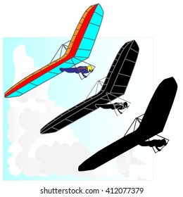 Hang Glider flying in the sky on a bright blue day. Vector.