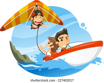 Hang glider, hang glider, gliding pushed by shore boat, vector illustration cartoon.