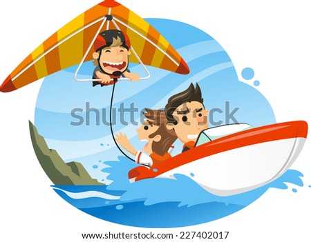 Hang glider, hang glider, gliding pushed by shore boat, vector illustration cartoon.