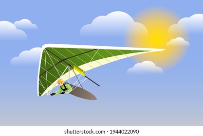 Hang Glider in Helmet and Uniform Soaring Thermal Updrafts Suspended on Harness Below the Wing. Hang Gliding at the Blue Sky Clipart