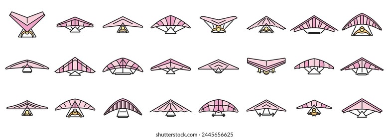 Hang glider icons set outline vector. Sport activity. Adrenaline glider thin line color flat on white