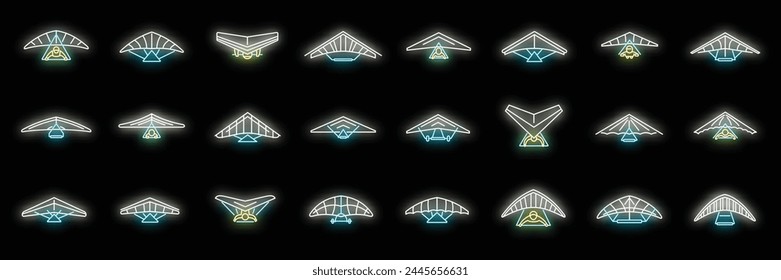 Hang glider icons set outline vector. Sport activity. Adrenaline glider neon color on black