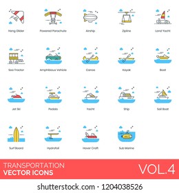 Hang glider, parachute, airship, zipline, land yacht, sea tractor, amphibious vehicle, canoe, kayak, boat, pedalo, ship, sail boat, hydrofoil, hover craft, submarine transportation vector icons.