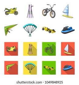 Hang glider, parachute, racing car, water scooter.Extreme sport set collection icons in cartoon,flat style vector symbol stock illustration web.