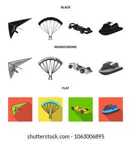Hang glider, parachute, racing car, water scooter.Extreme sport set collection icons in black, flat, monochrome style vector symbol stock illustration web.