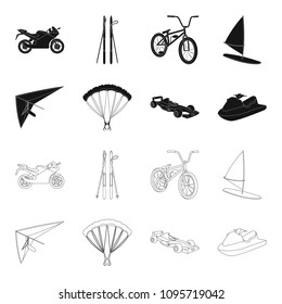 Hang glider, parachute, racing car, water scooter.Extreme sport set collection icons in black,outline style vector symbol stock illustration web.