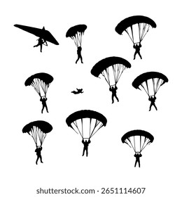 Hang Glider or Parachute skydiving silhouette icon vector flat illustration on white background.