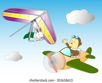 A hang glider and propeller animals having an adventure by air.