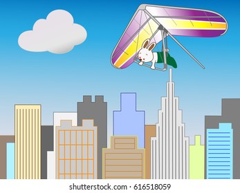 The hang glider of the rabbit flying in the business area.