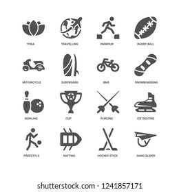 Hang glider, Surfboard, Yoga, Travelling, Ice skating, Fencing, Cup, Hockey stick icon 16 set EPS 10 vector format. Icons optimized for both large and small resolutions.