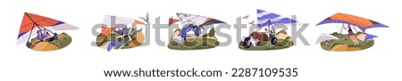 Hang gliders gliding in air set. Hangglider with wings flying, soaring high. Happy people in action, extreme sport, flight with para deltaplan. Flat vector illustrations isolated on white background