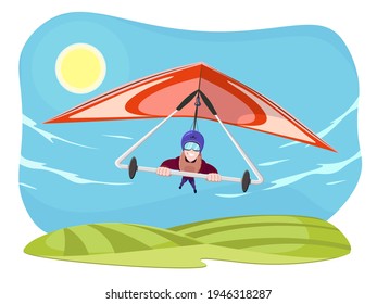 Hang gliding character vector illustration isolated on white background. Cheerful hang gliding tandem flying in sky