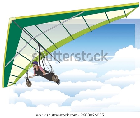 hang gliding, female glider soaring high above the clouds with a blue sky