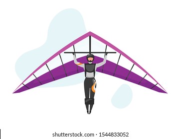 Hang gliding flat vector illustration. Skydiving, paragliding experience. Extreme sports. Active lifestyle. Outdoor activities. Sportsman isolated cartoon character on blue background