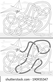 Hang gliding maze for kids with a solution in black and white
