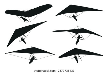 Hang gliding paragliding black silhouette extreme flying sport icon set vector flat illustration. Aviation skydiving athlete figure flight with wings enjoy freedom and sportive speed activity