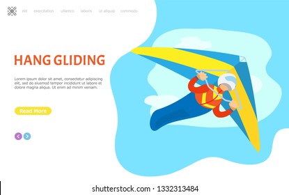 Hang gliding person vector, male piloting in air, extreme sports activities. Man diving in sky, leisure and hobby of male, active lifestyle. Website or webpage template, landing page flat style