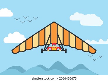  Hang Gliding Vector Symbol, Blue Sky With Mountains.