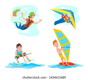 Hang gliding and windsurfing vector, set of people with hobbies, woman with rope jumping from bridge, bungee jump, skydiving and water sports summer